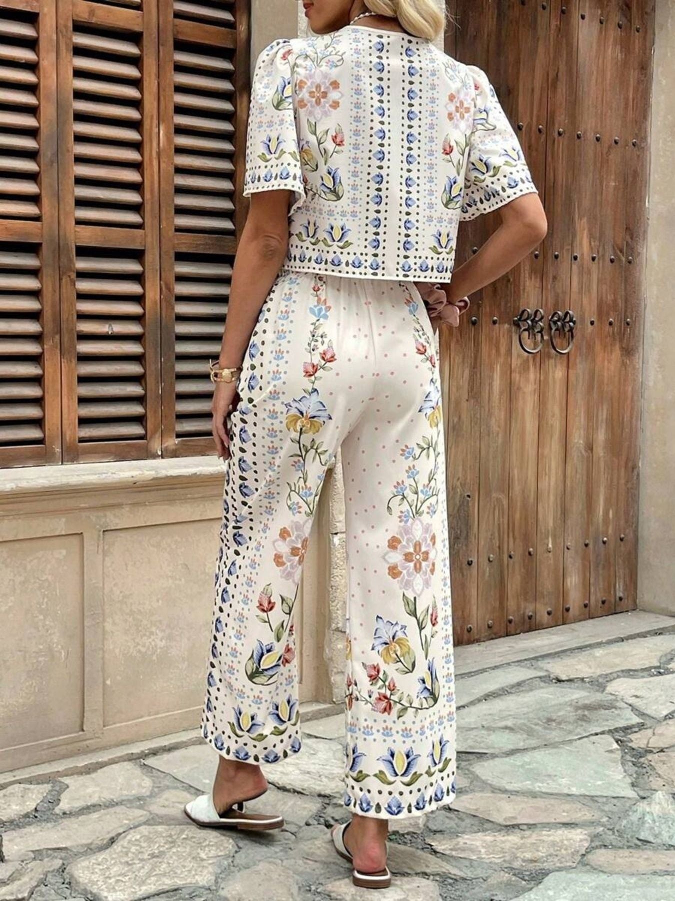 Floral Print Tie-Front Top and Pants Set
