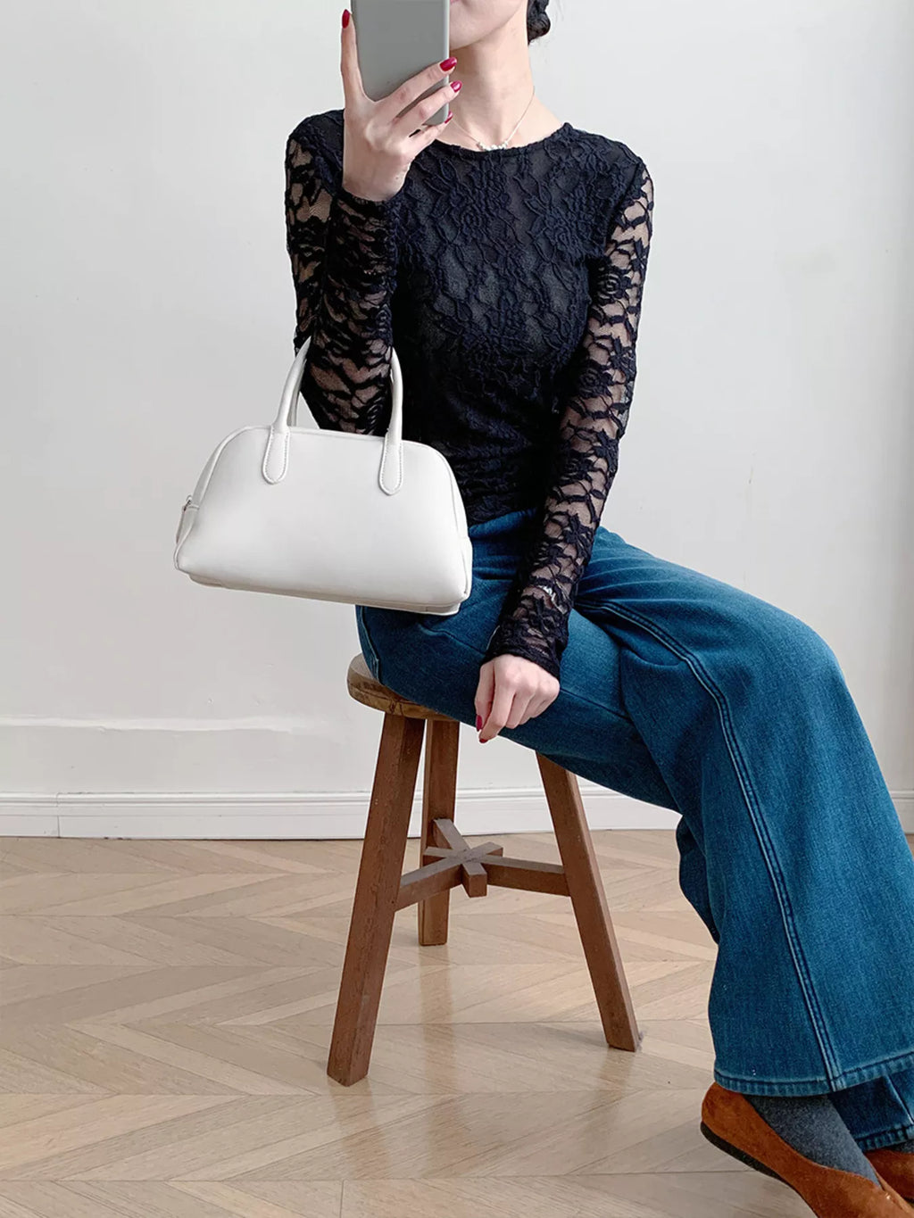 Lace Round Neck Long Sleeve Top