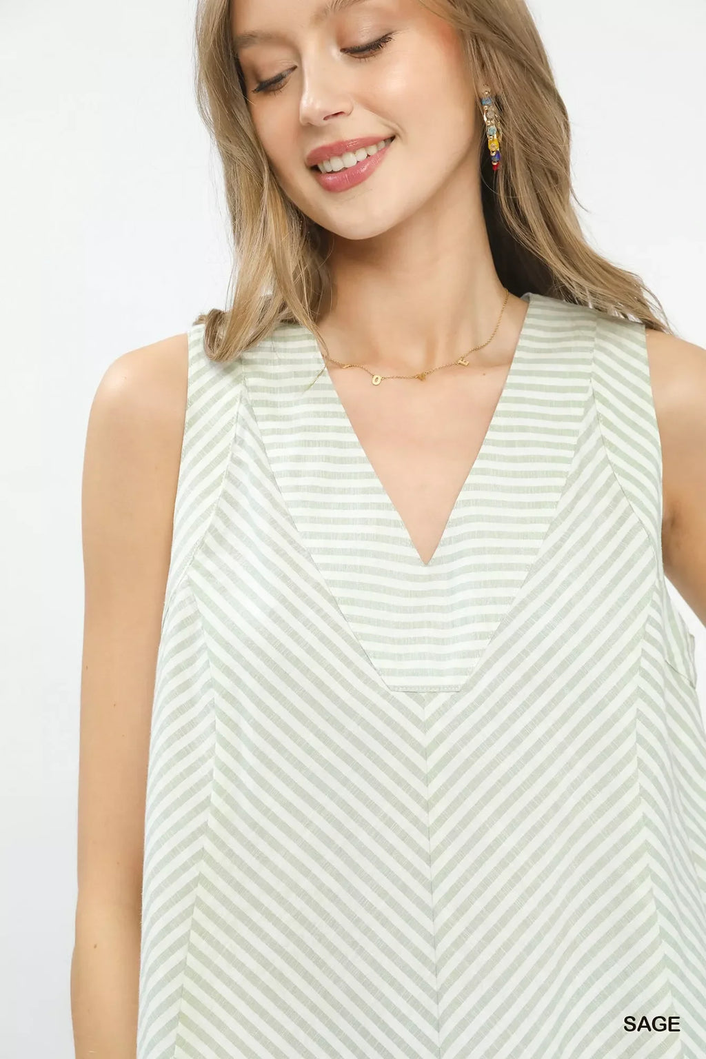 Umgee Mixed Stripe Sleeveless V-Neck Top