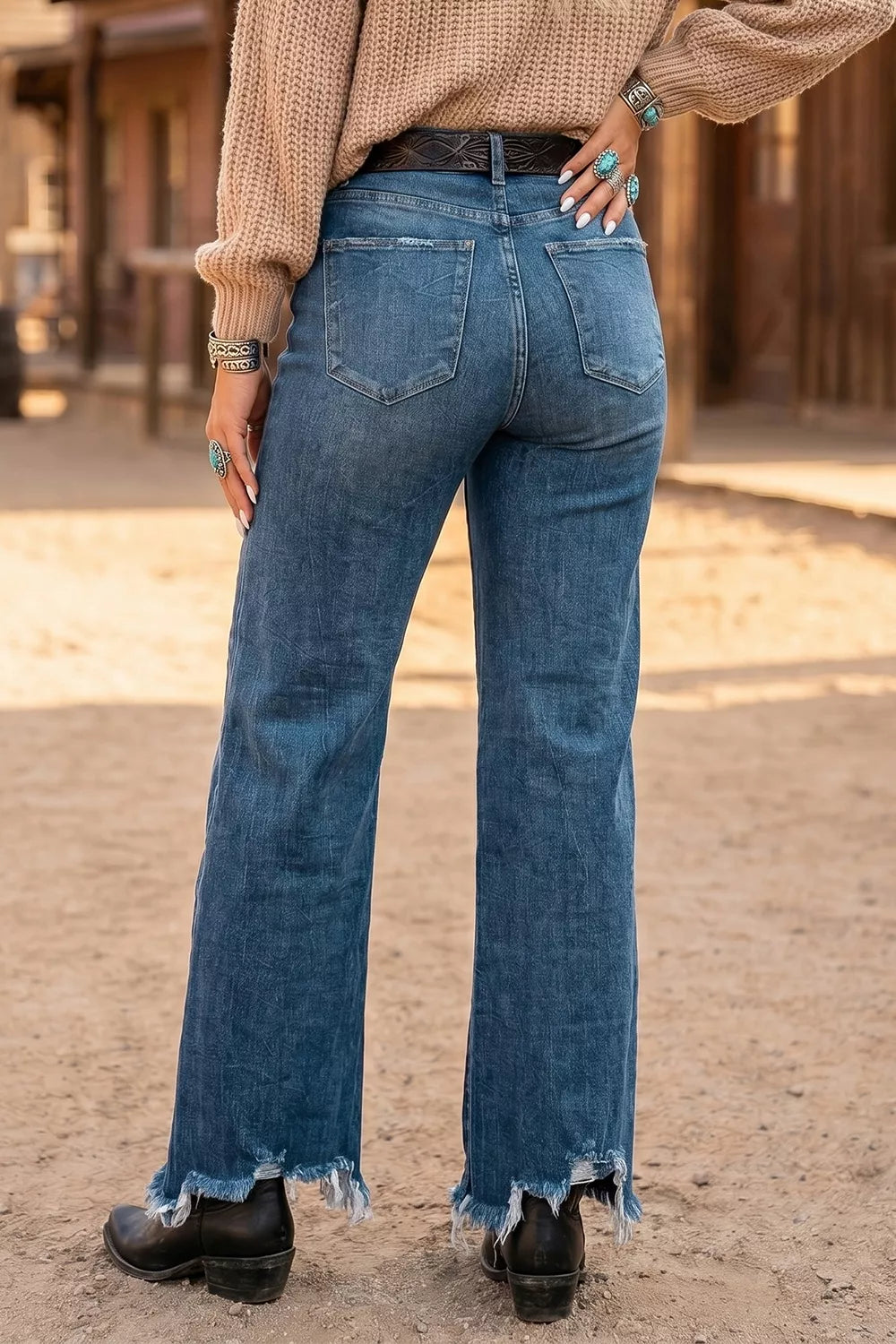 High Waist Frayed Hem Flare Jeans