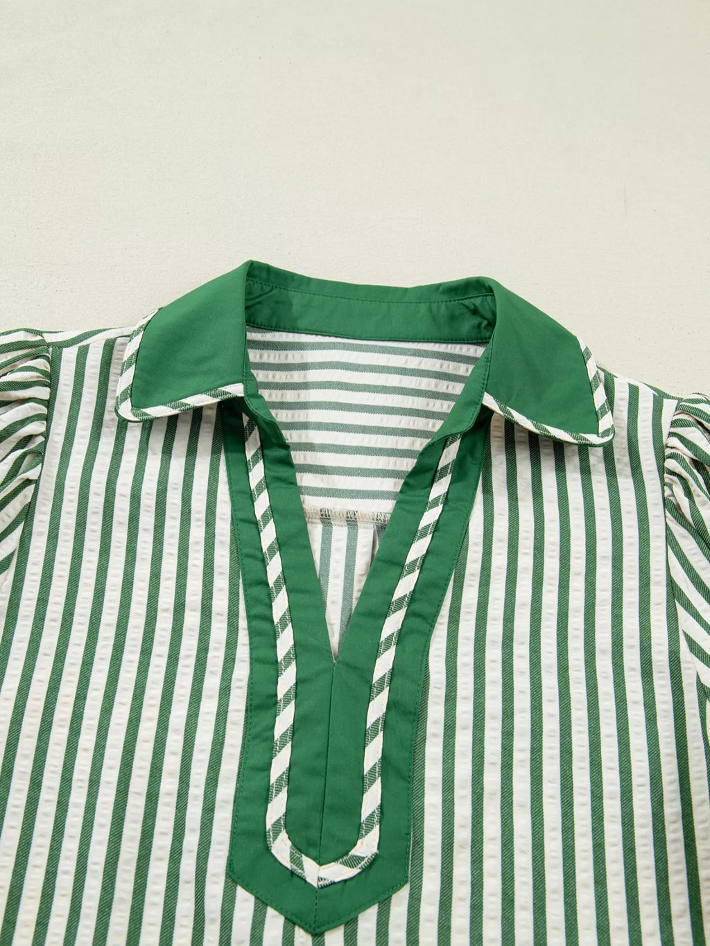 Stripe Collared Split Neck Short Bubble Sleeve Blouse