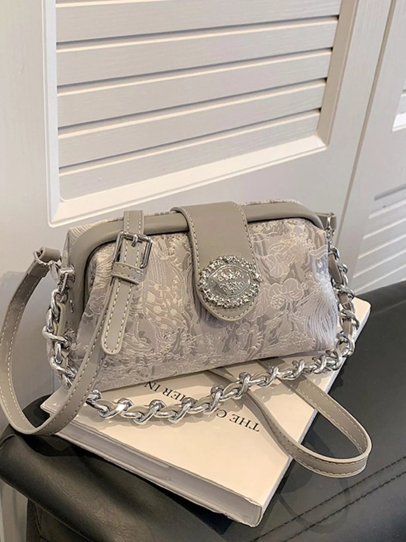 Embroidered Chain Crossbody Bag