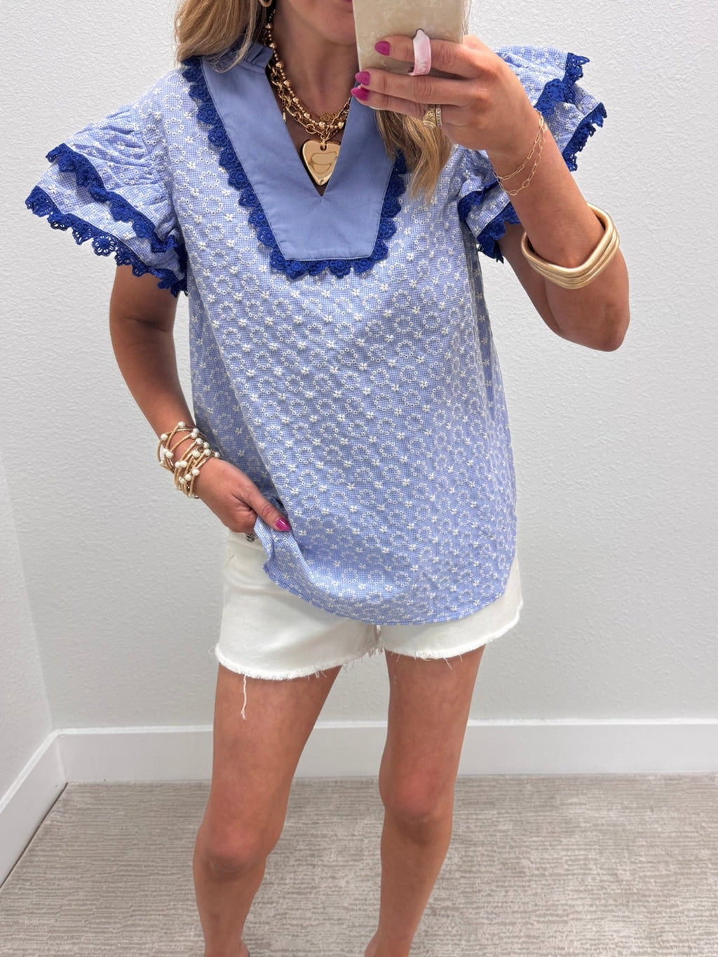Eyelet Embroidered Flower Texture Contrast Lace Trim Flutter Sleeve Blouse