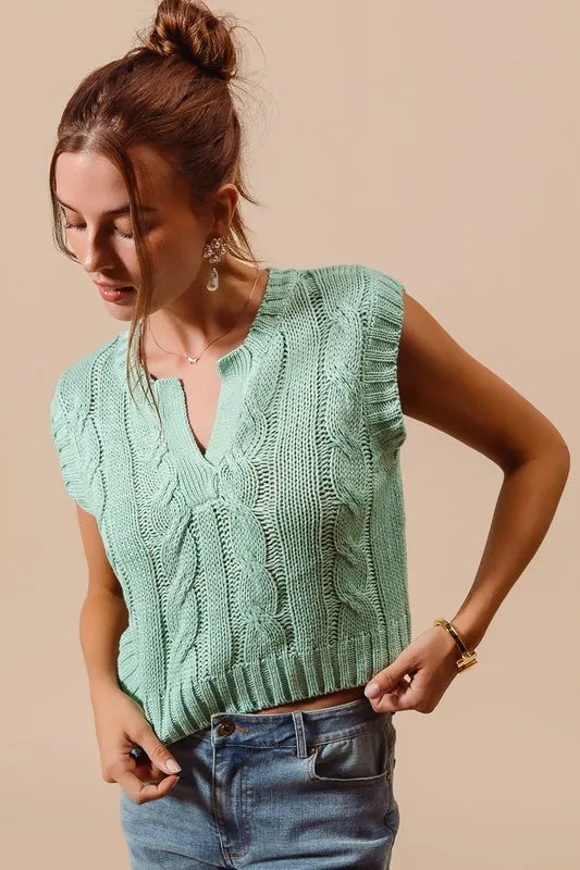 SO ME Notched Neck Cable Knit Sweater Vest