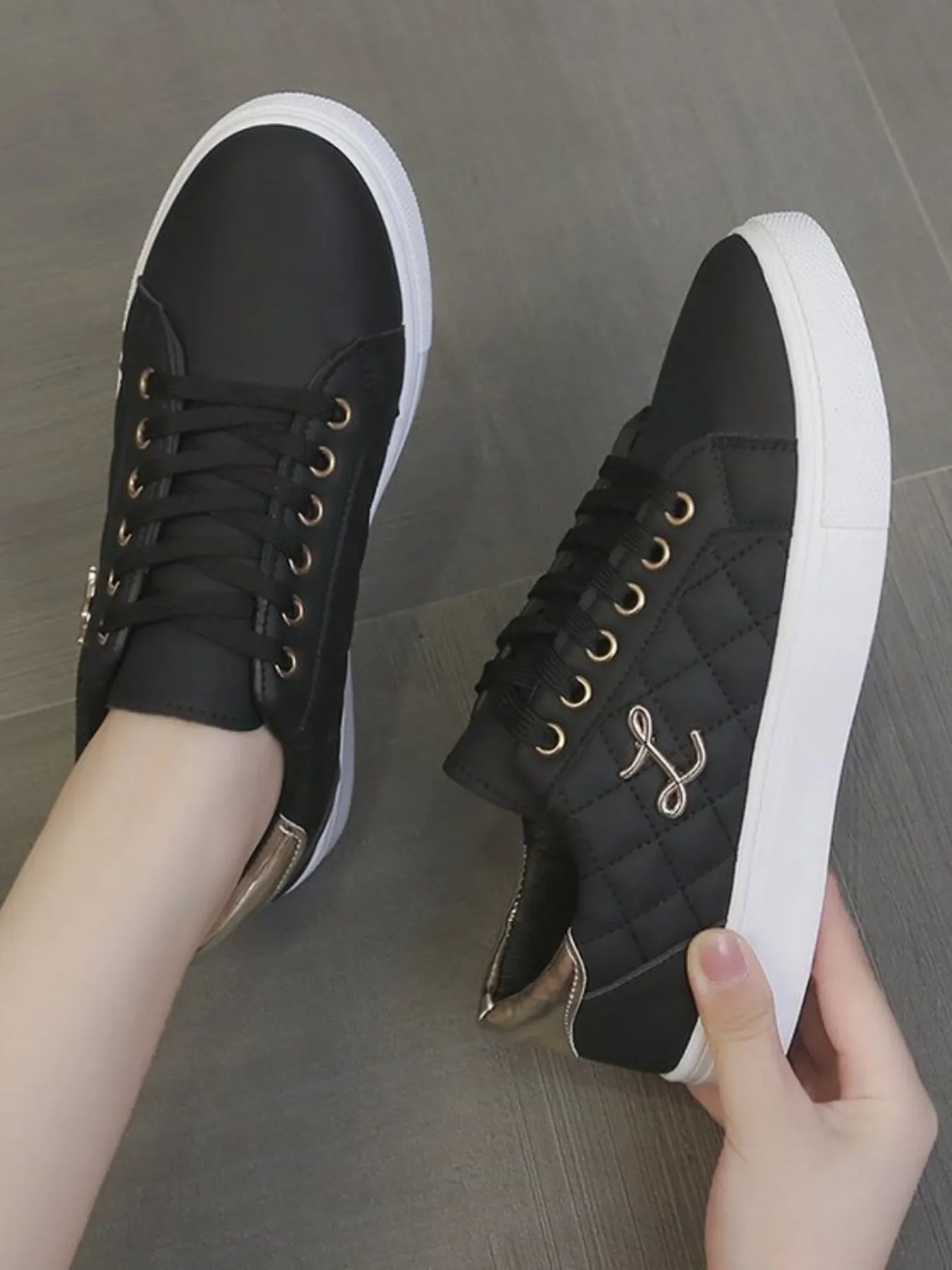 Quilted Platform Sneakers with Metallic Gold Accents