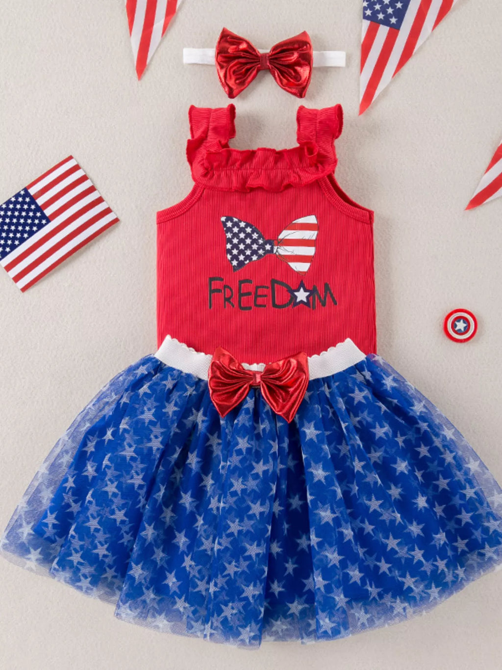 Children's Patriotic Star Print Tank and Tulle Skirt Set