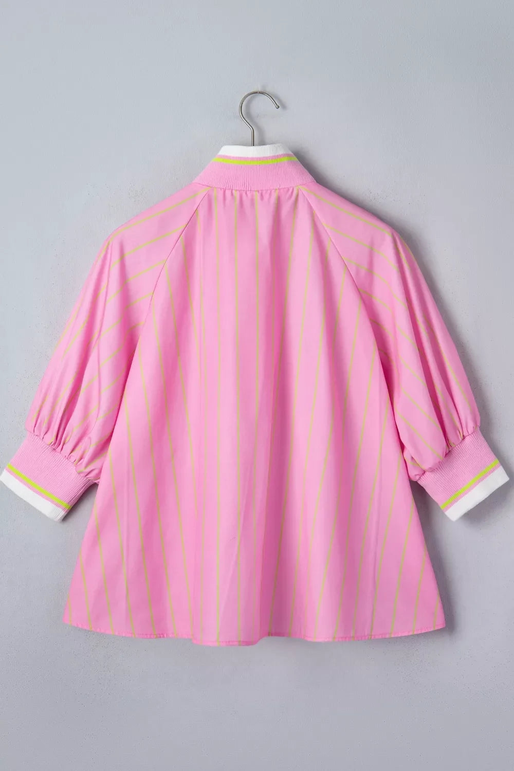 Stripe Striped V-Neck Half Sleeve Zipper Ribbed Cuff Casual Shift Blouse