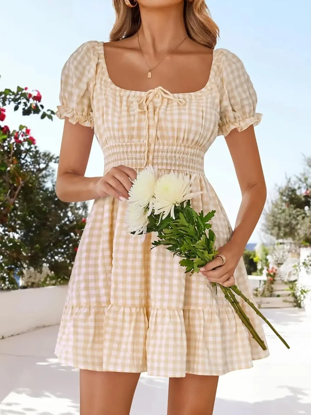 Gingham Smocked Puff Sleeve Summer Dress