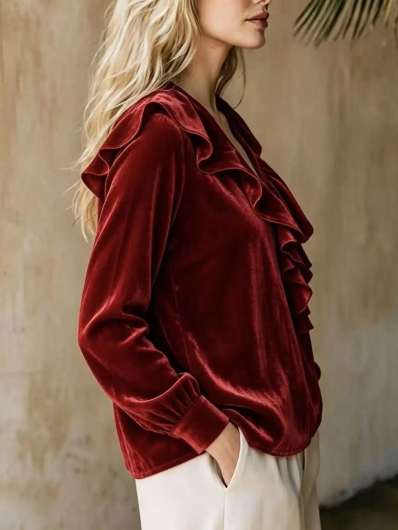 Full Size Ruffled V-Neck Long Sleeve Blouse Plus Size