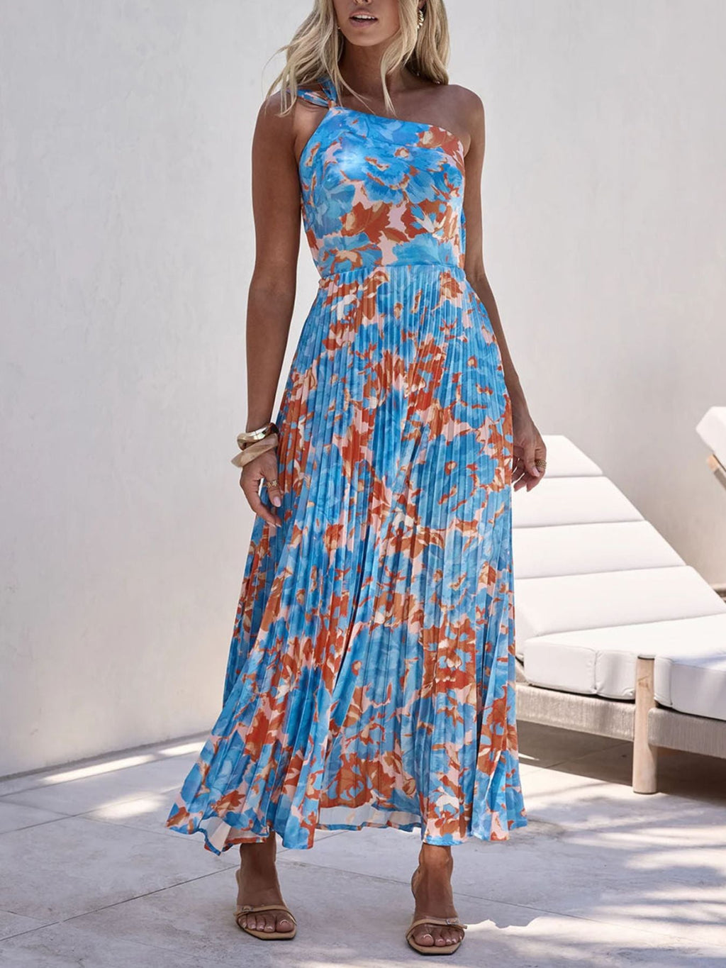 Floral Print One-Shoulder Pleated Dress