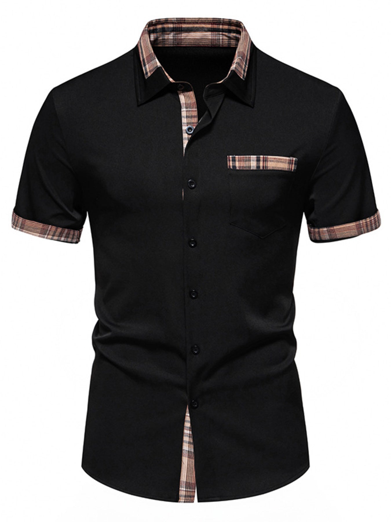 Men's Short Sleeve Plaid Trim Shirt