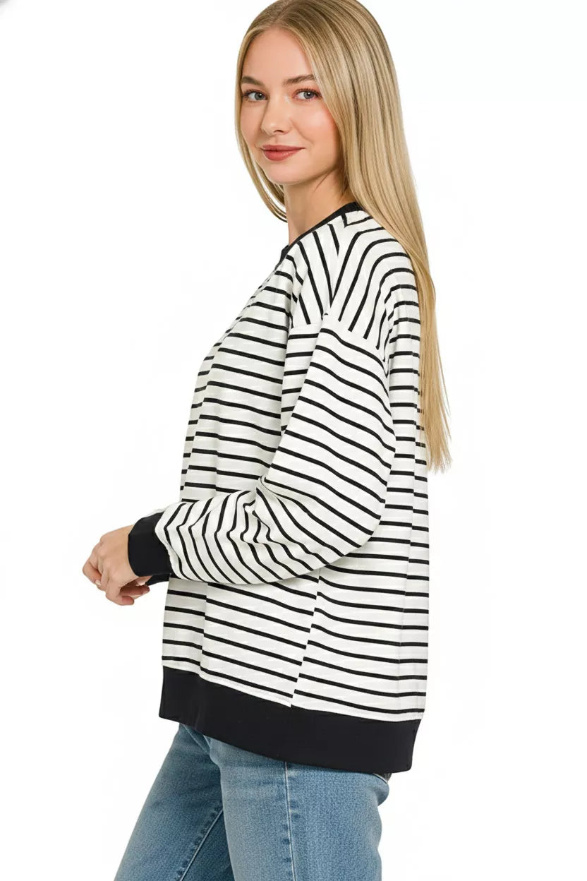 Zenana Contrast Striped Round Neck Sweatshirt