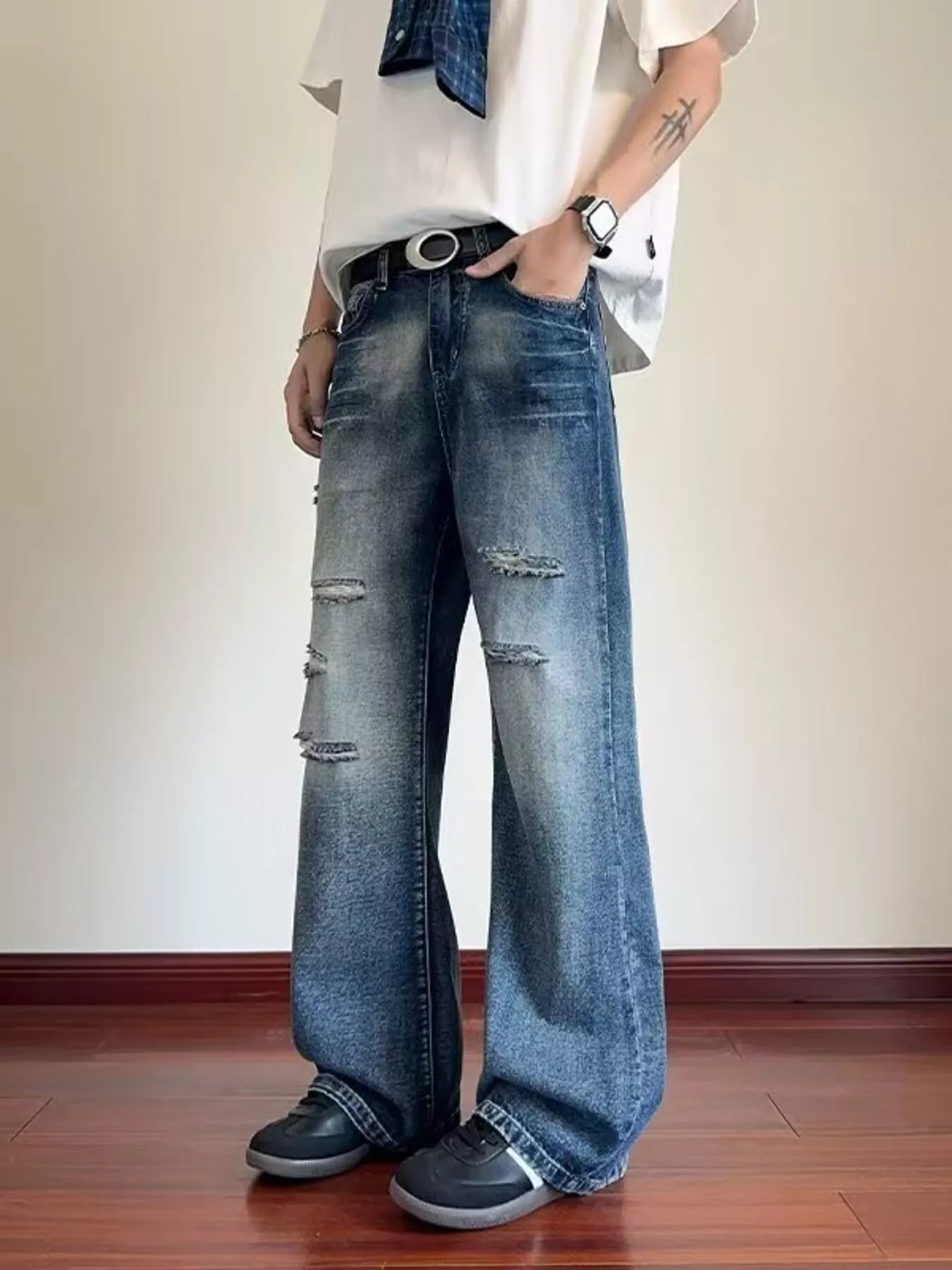 Men's Full Size Ripped Wide Leg Jeans Plus Size