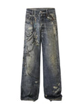 Men's Distressed Printed Wide Leg Jeans