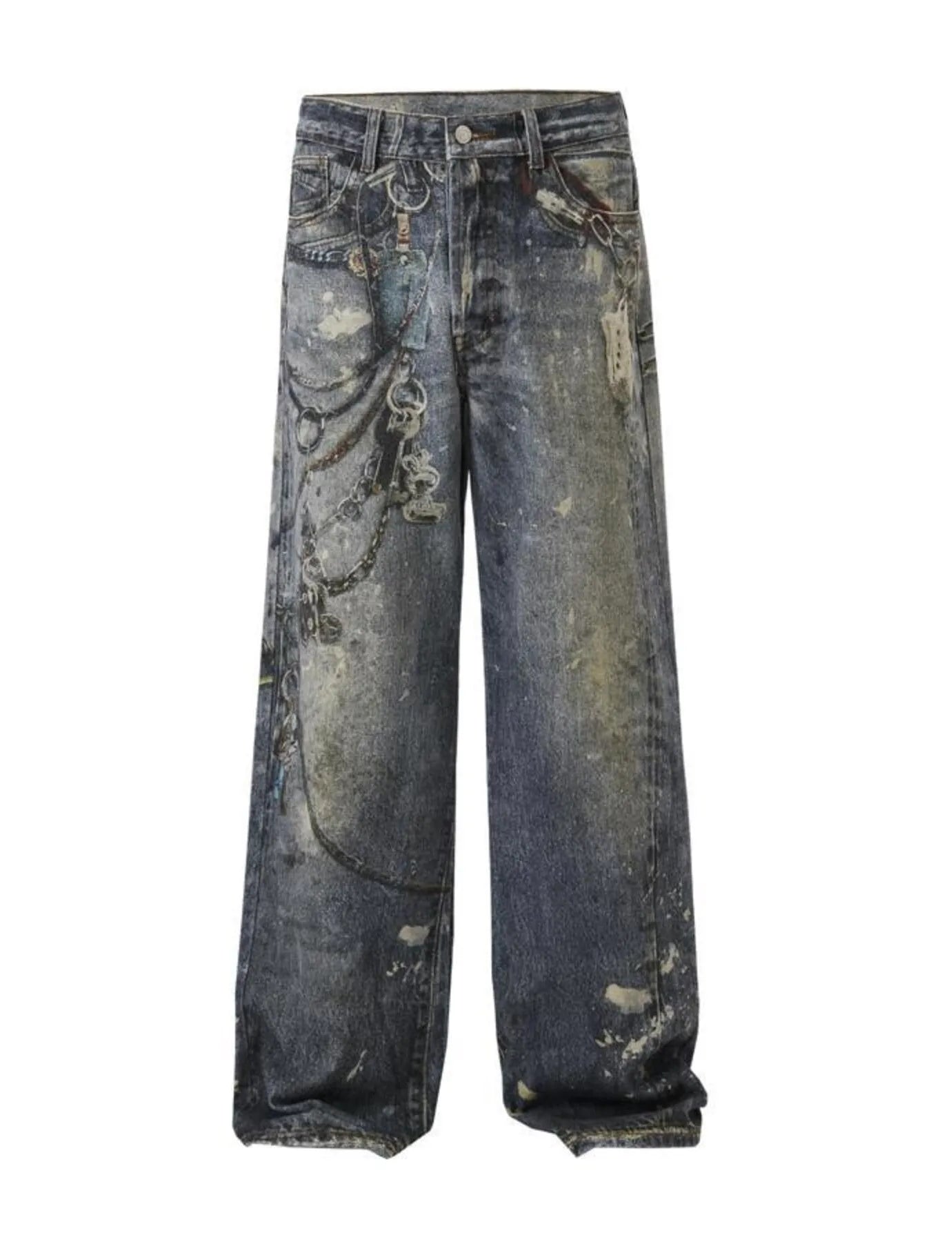 Men's Distressed Printed Wide Leg Jeans