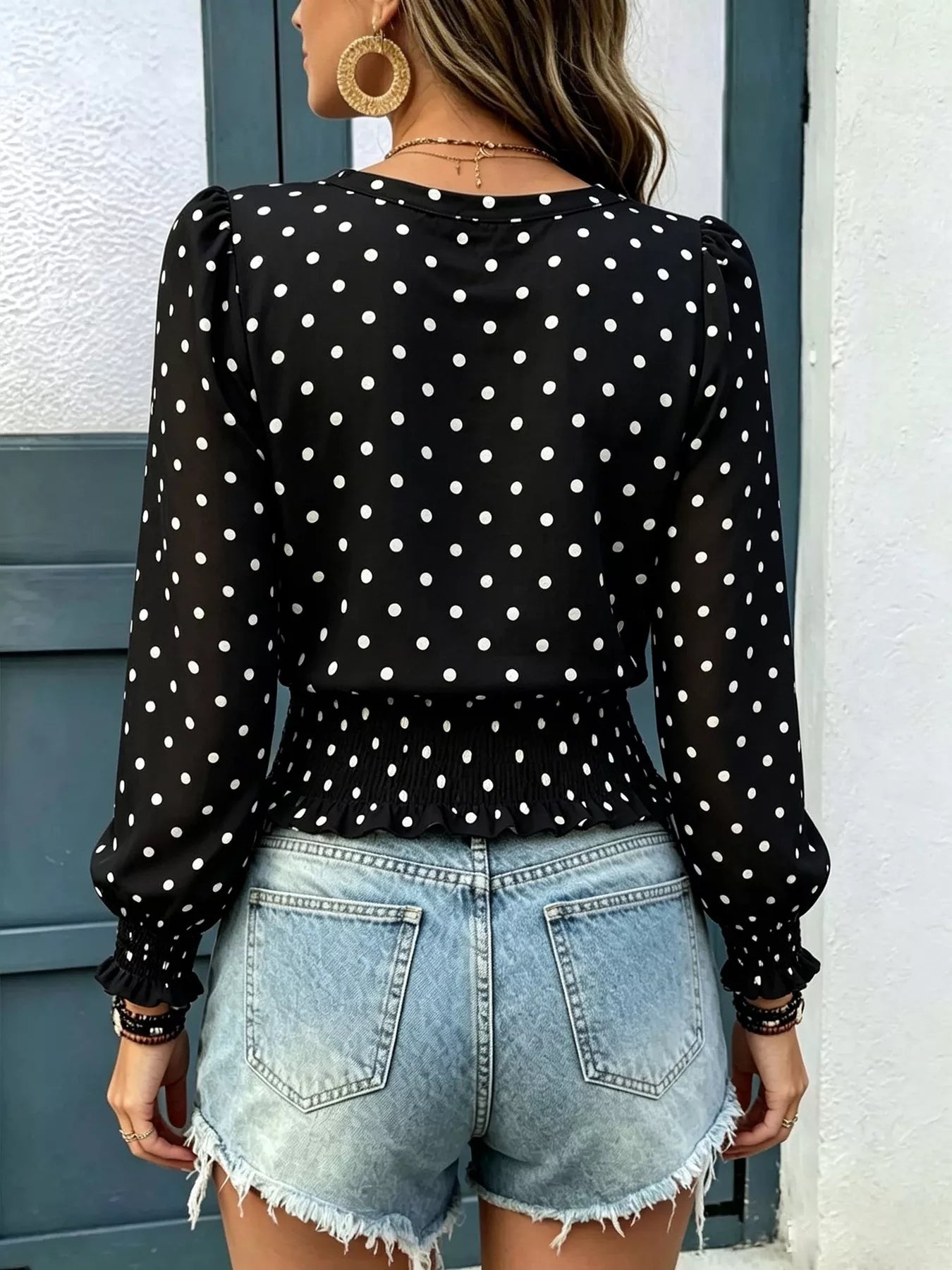 Polka Dot V-Neck Smocked Blouse