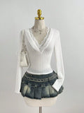 V-Neck Lace Trim Ribbed Knit T-Shirt
