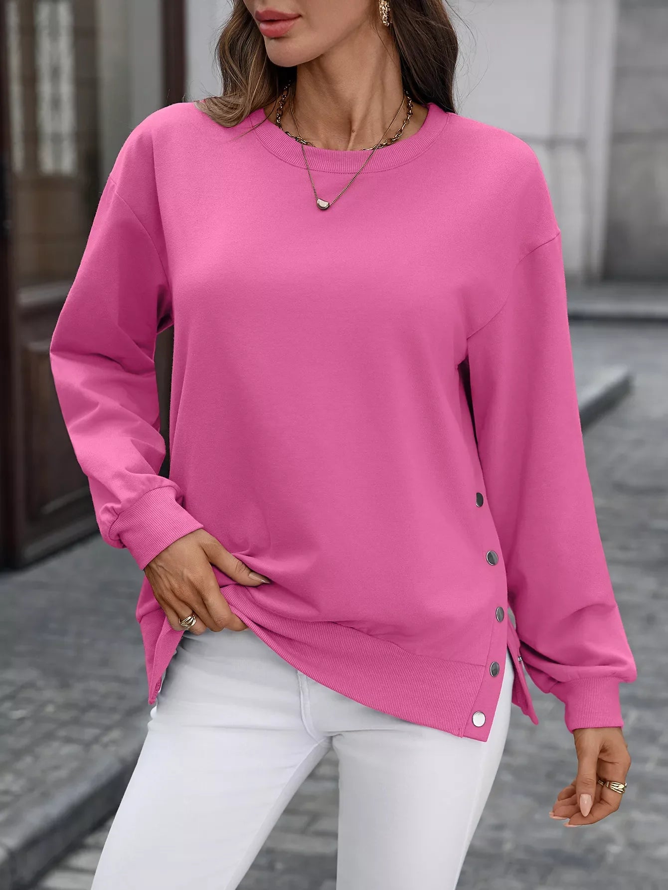 Side Snap Round Neck Sweatshirt