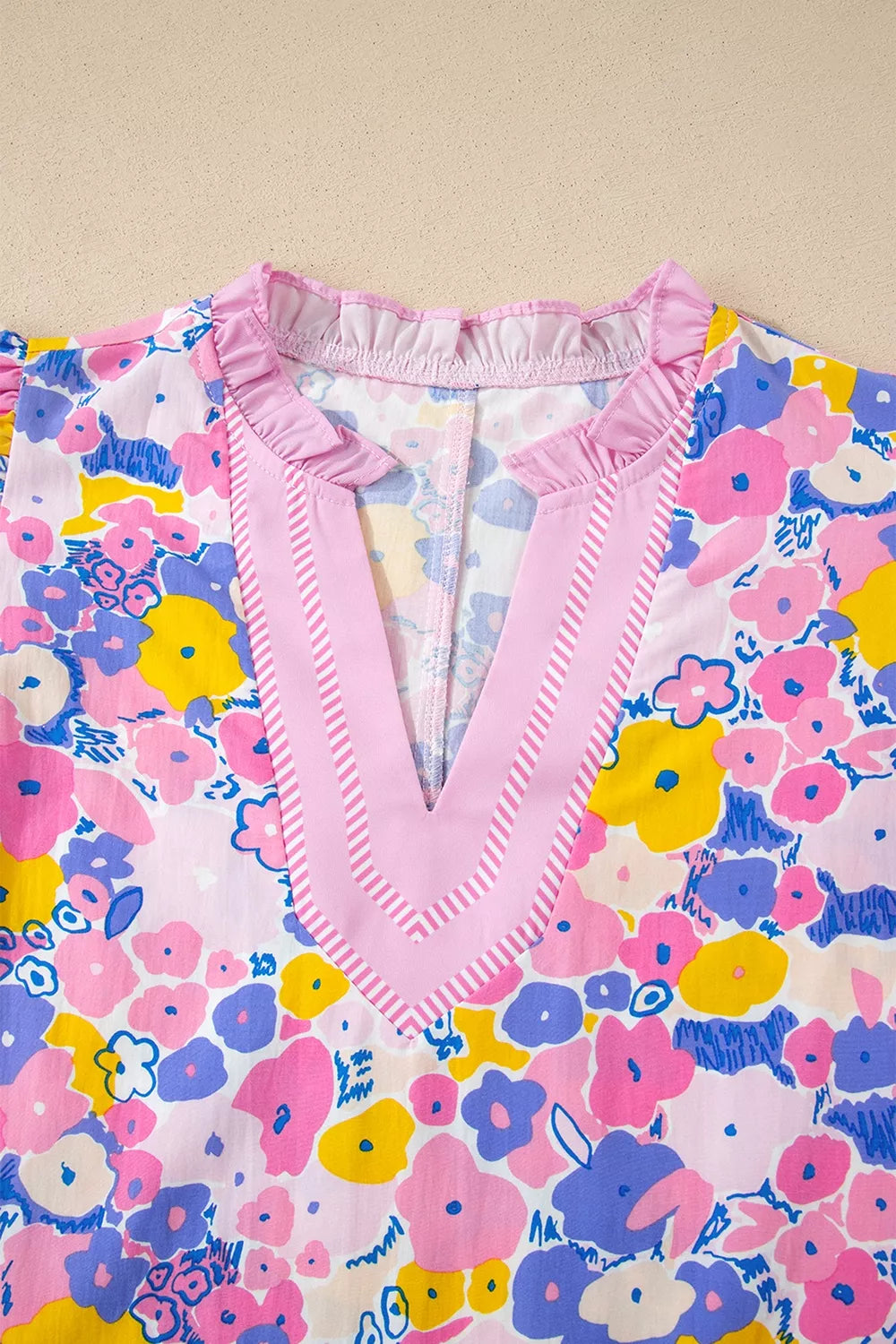 Floral Print Striped Color Block Patchwork V Neck Flutter Sleeve Blouse