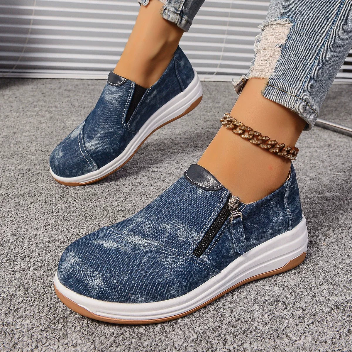 Zip Detail Round Toe Slip-Ons