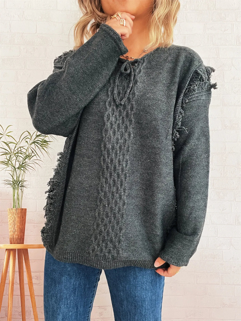 Raw Hem Lace Up Front Sweater