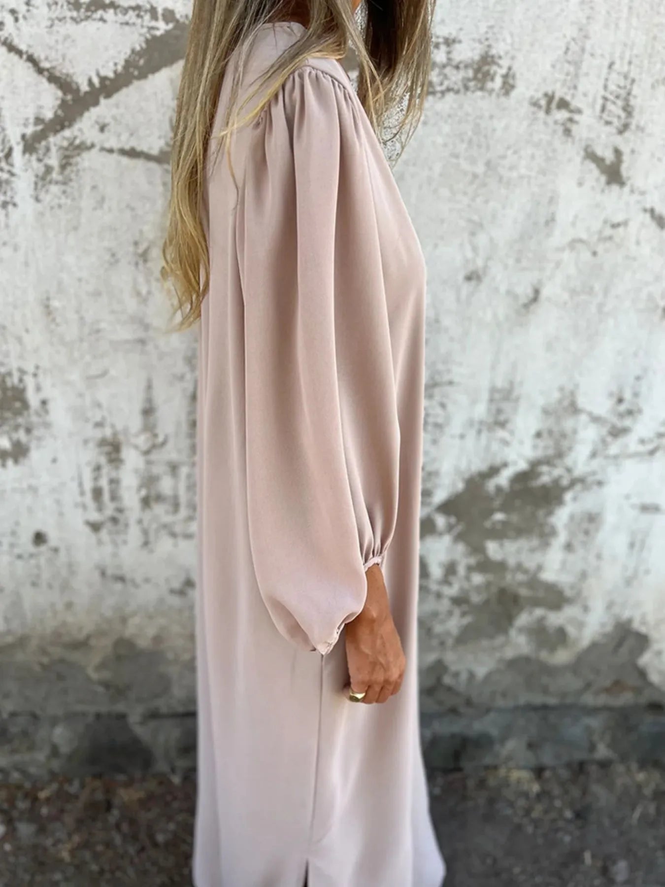 Full Size Slit V-Neck Balloon Sleeve Midi Dress Plus Size