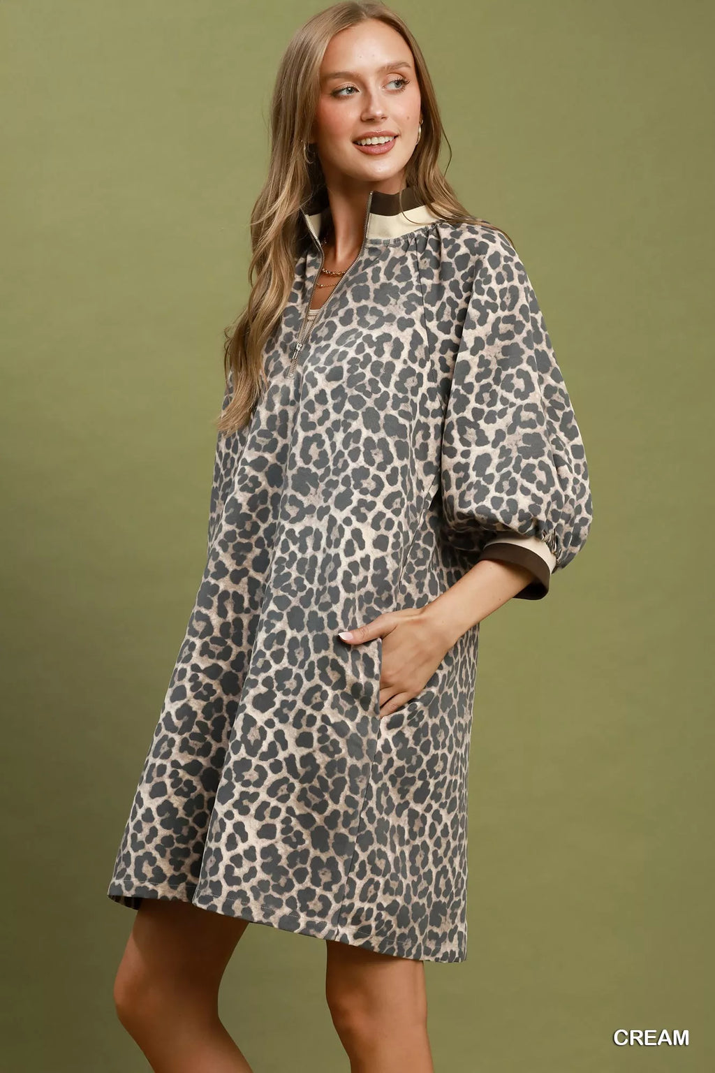 Umgee Leopard Print Quarter Zip Puff Sleeve Mini Dress