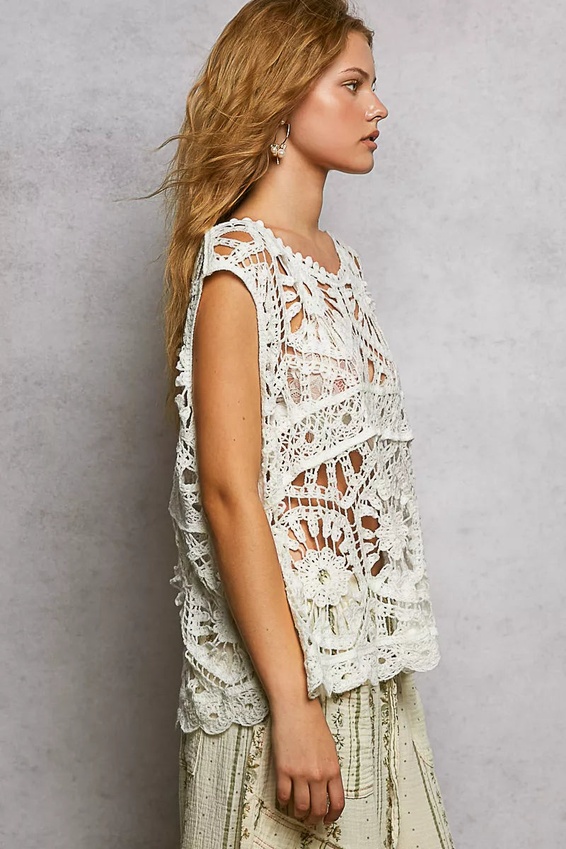 POL Openwork Round Neck Floral Crochet Tank
