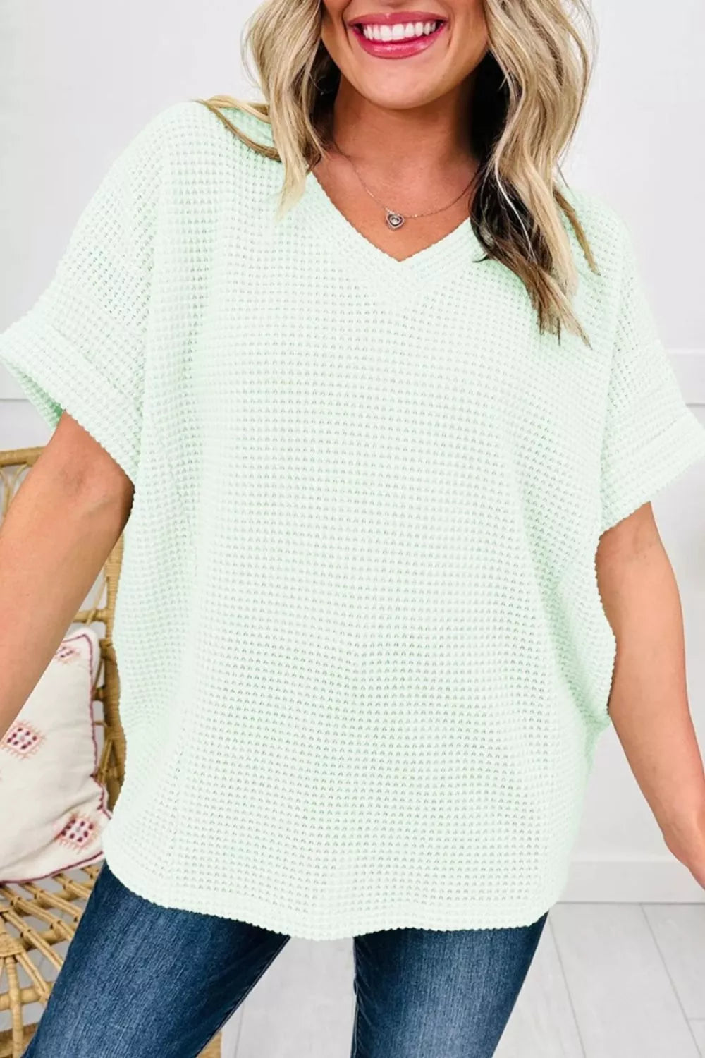 V Neck Short Sleeve Plus Size Waffle Knit Top