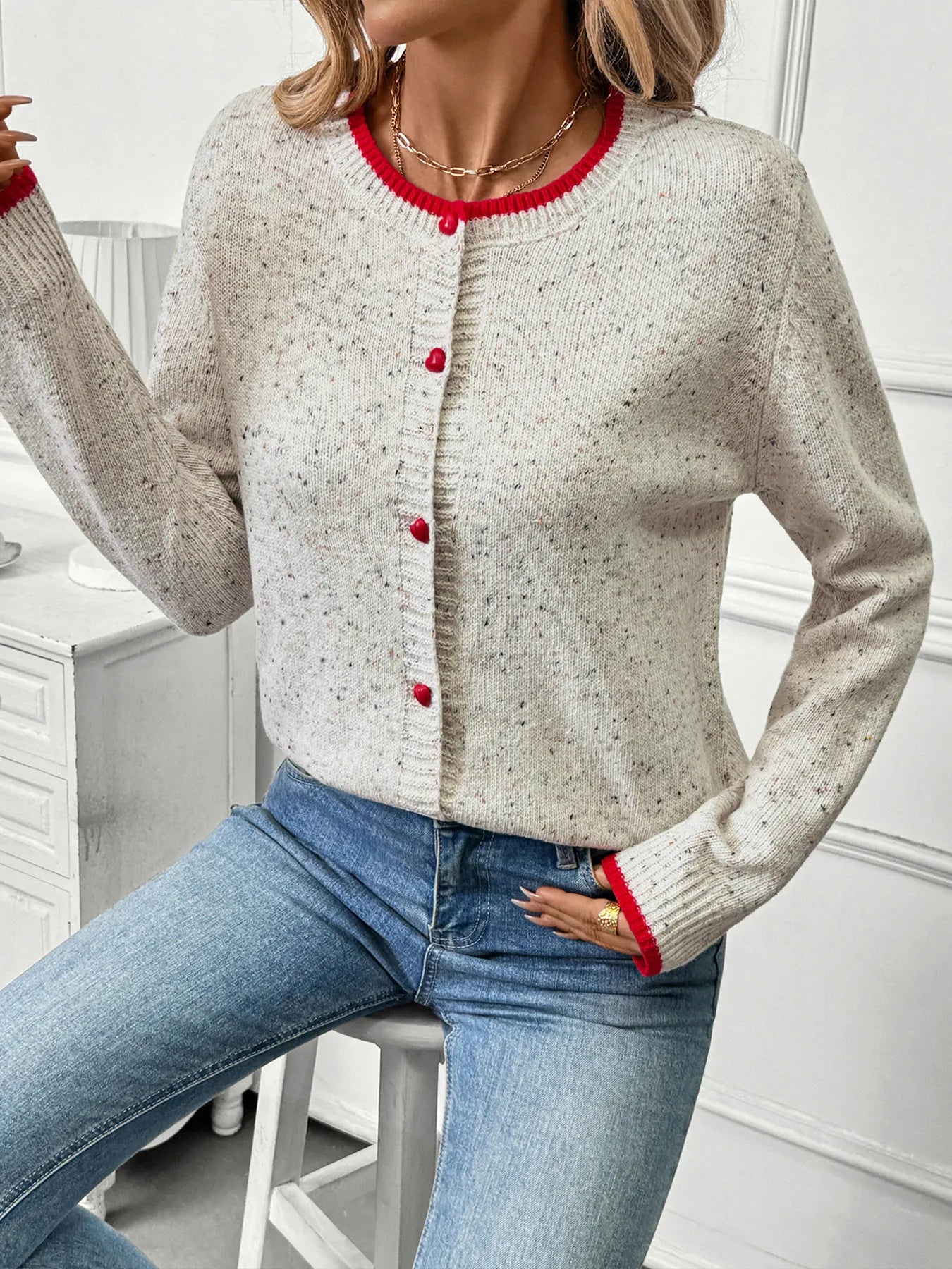 Contrast Trim Button Up Long Sleeve Cardigan