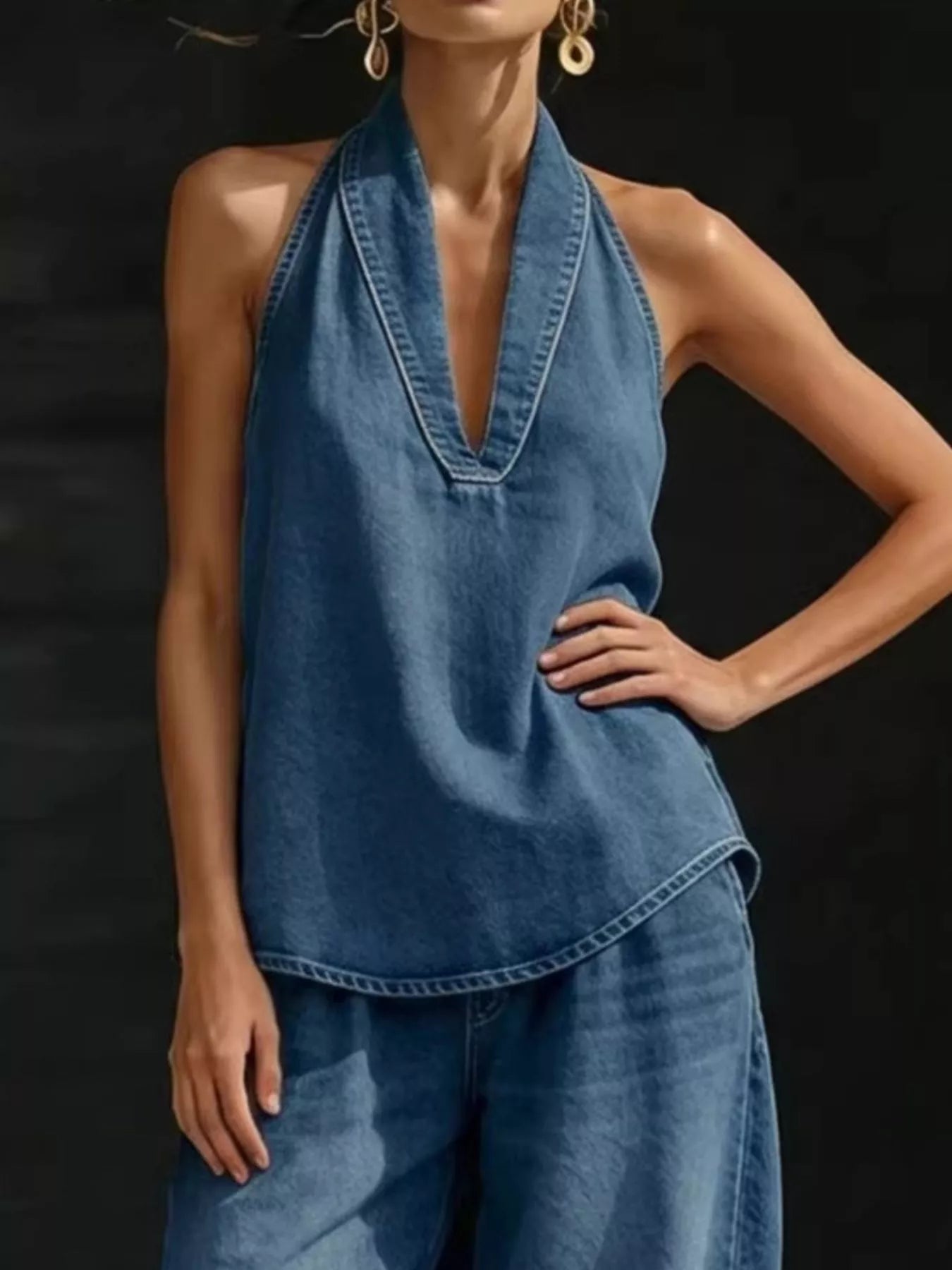 Full Size Halter Neck Top and Wide Leg Pants Plus Size