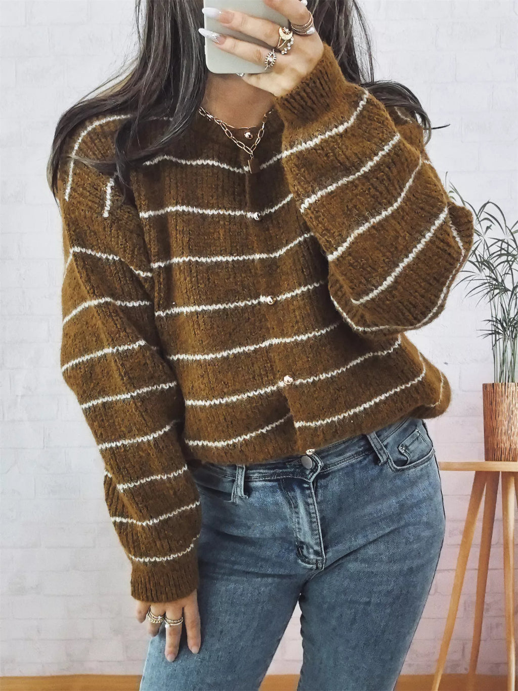 Striped Button Up Long Sleeve Cardigan