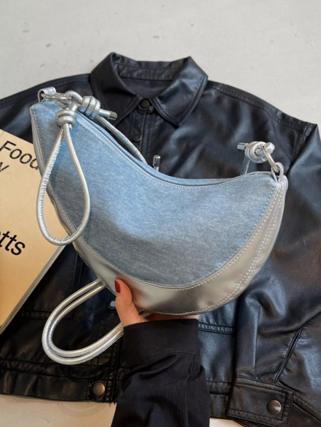 Denim Crescent Hobo Crossbody Bag
