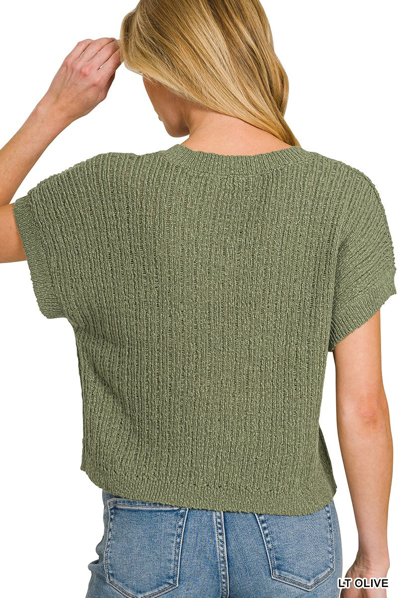 Zenana Textured Knit V-Neck Cropped Sweater