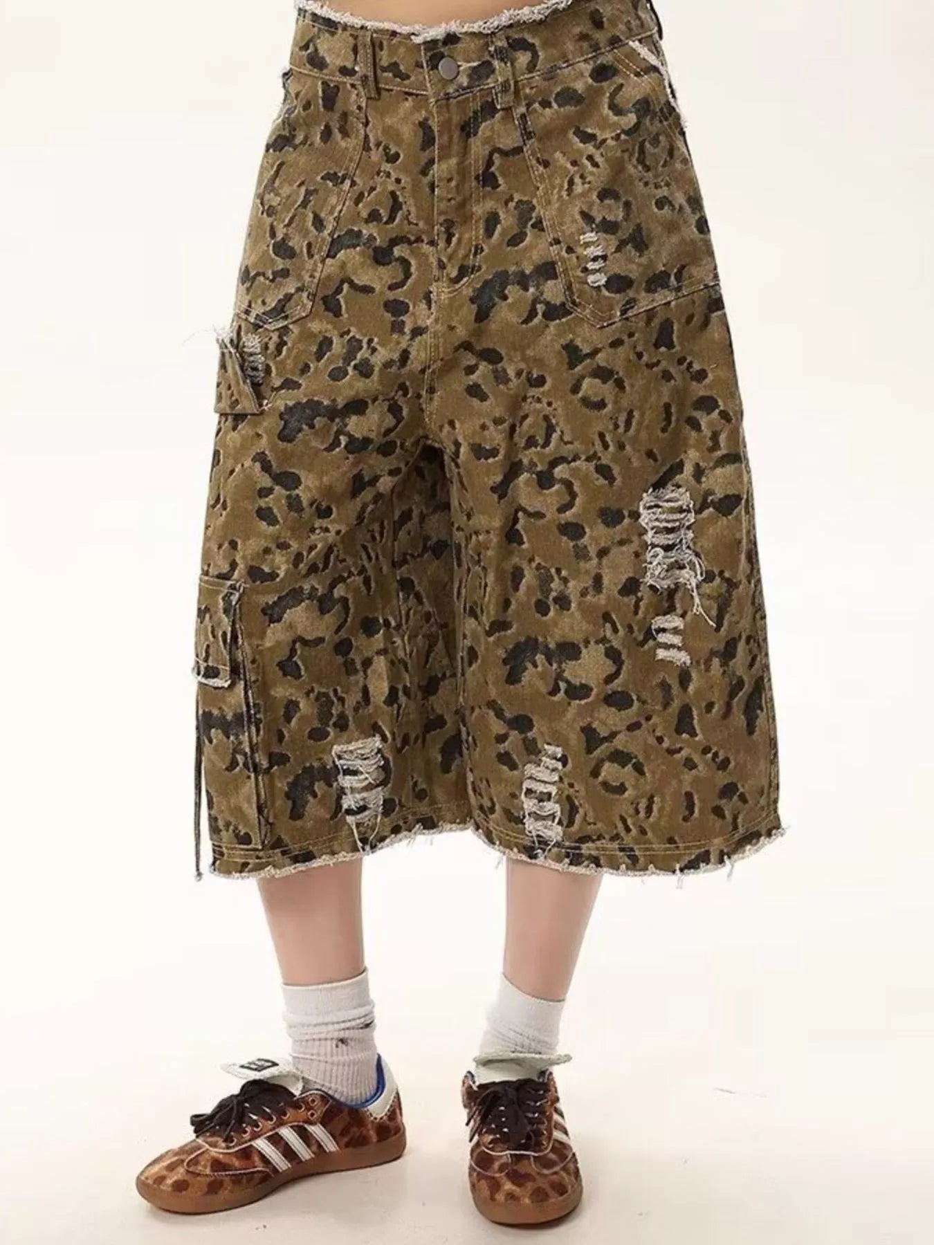Men's Full Size Distressed Camo Print Denim Shorts Plus Size