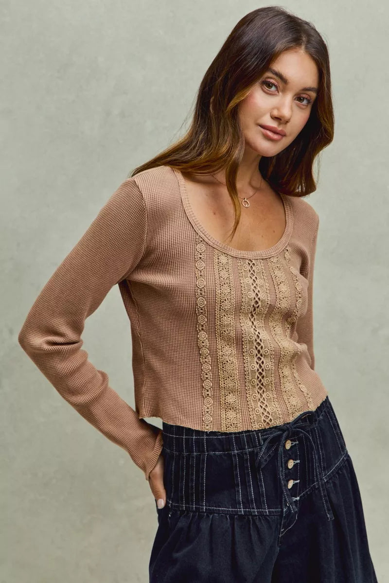 SO ME Vintage Washed Lace Crop Thermal Washed Knit Top