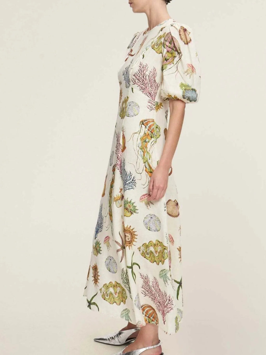 Printed Round Neck Puff Sleeve Dress