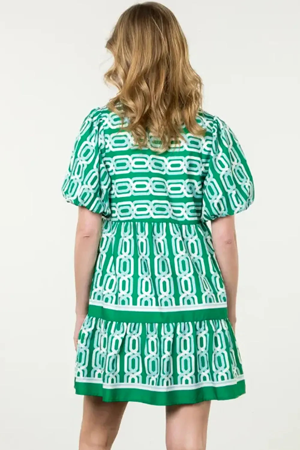 Abstract Patterned V Neck Puff Short Sleeve Mini Dress