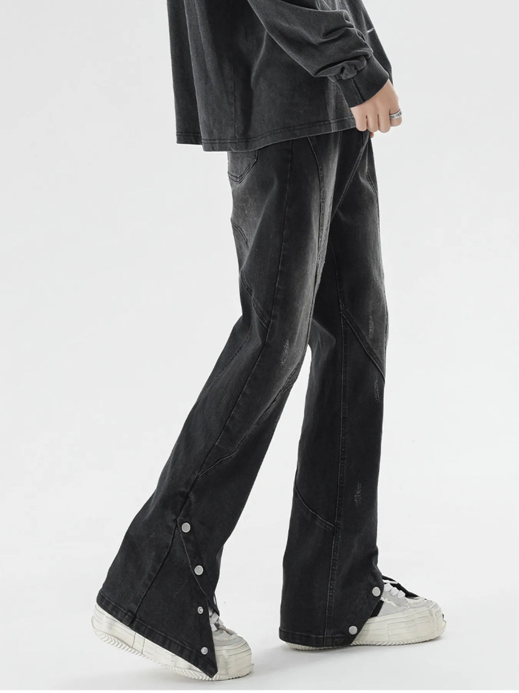 Men's Plus Size Washed Flare Jeans with Snap-Down Hem