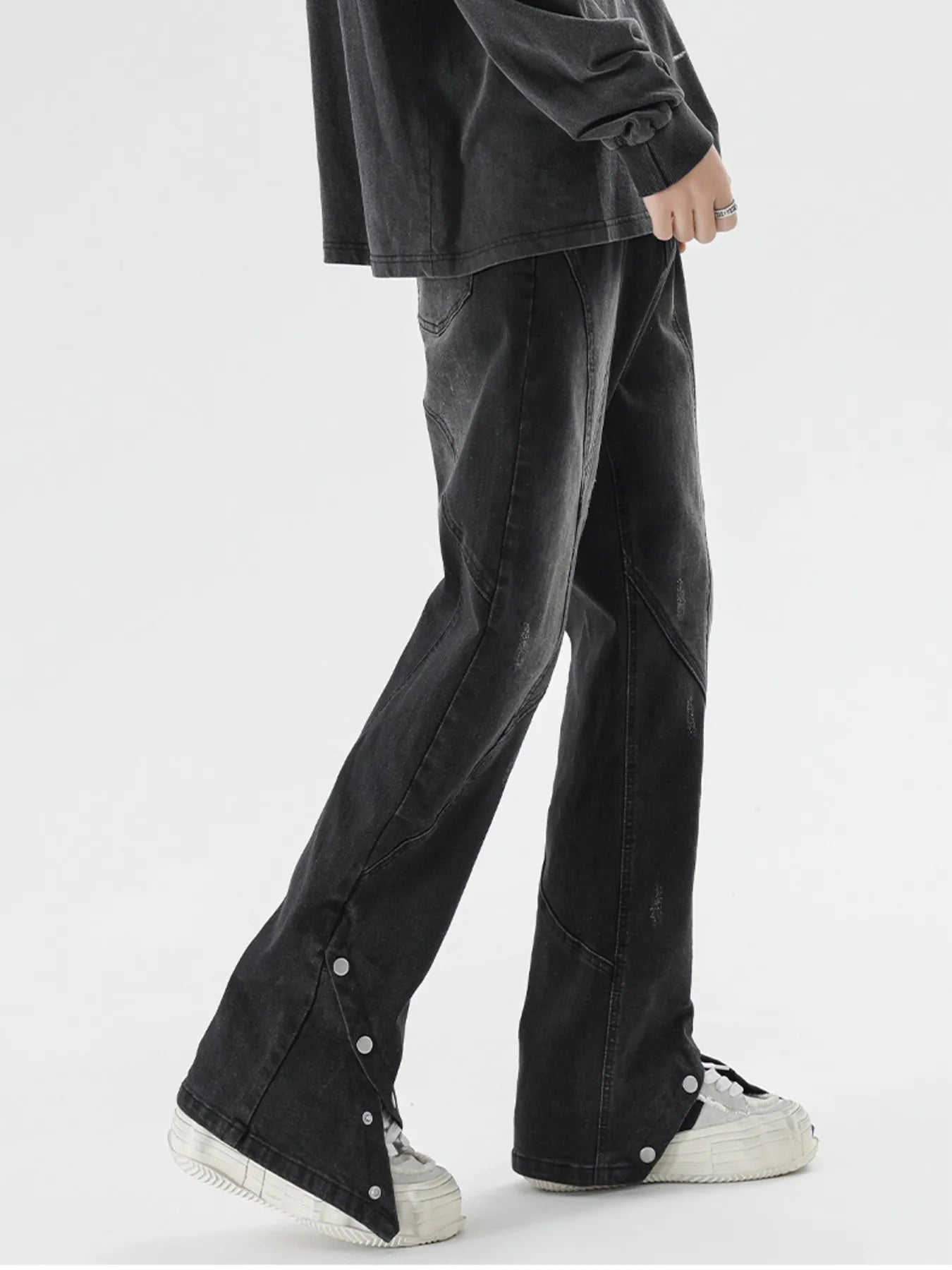 Men's Plus Size Washed Flare Jeans with Snap-Down Hem