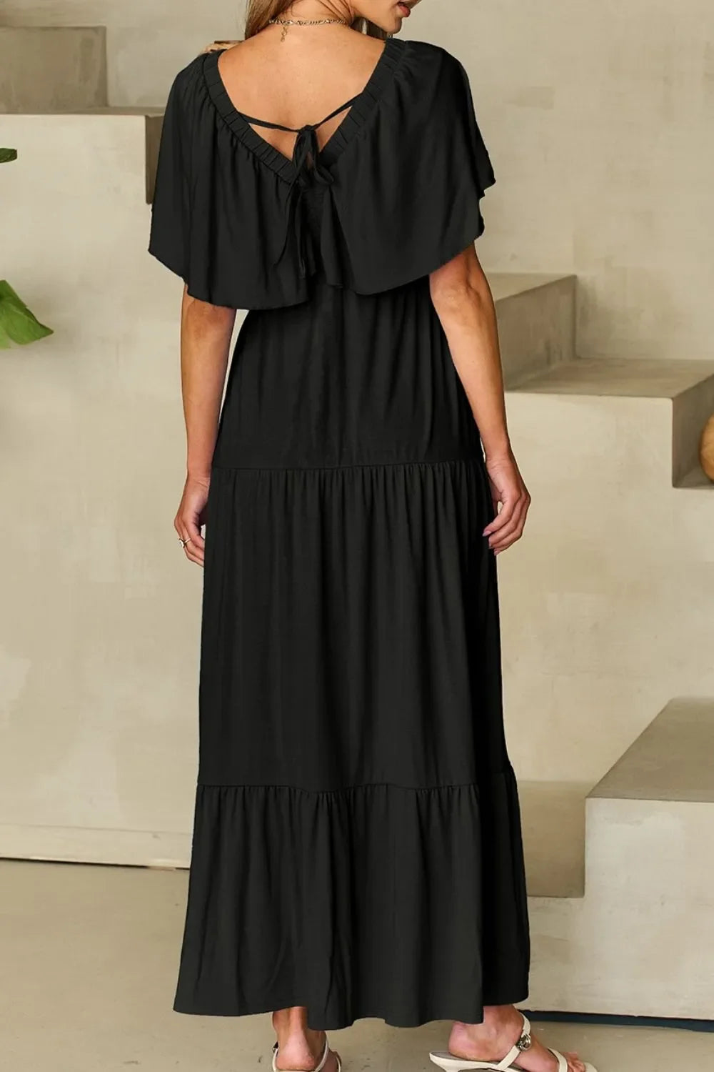 Ruffled V Neck Flutter Sleeve Maxi Dress