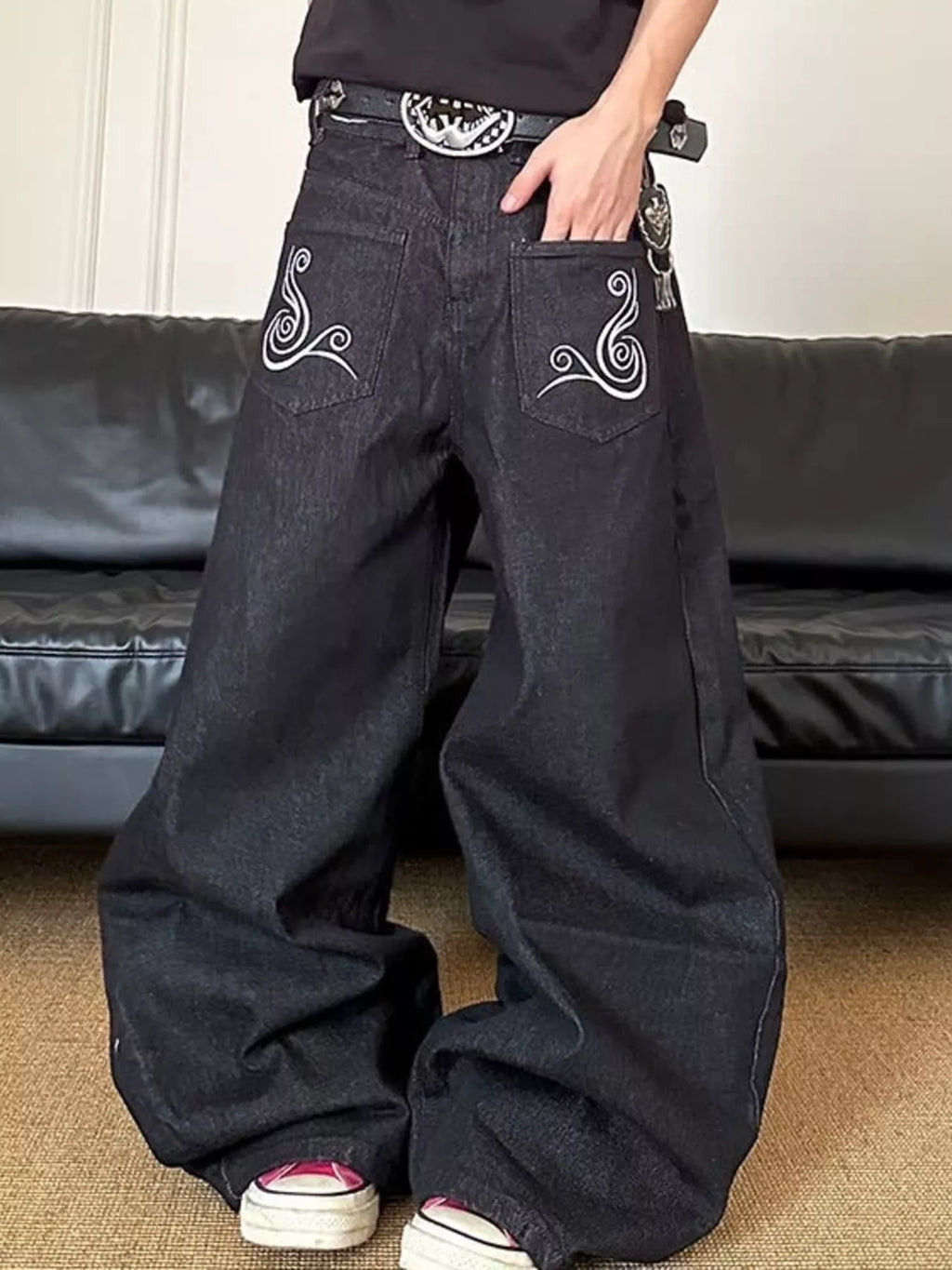 Men's Full Size Embroidered Wide Leg Jeans Plus Size