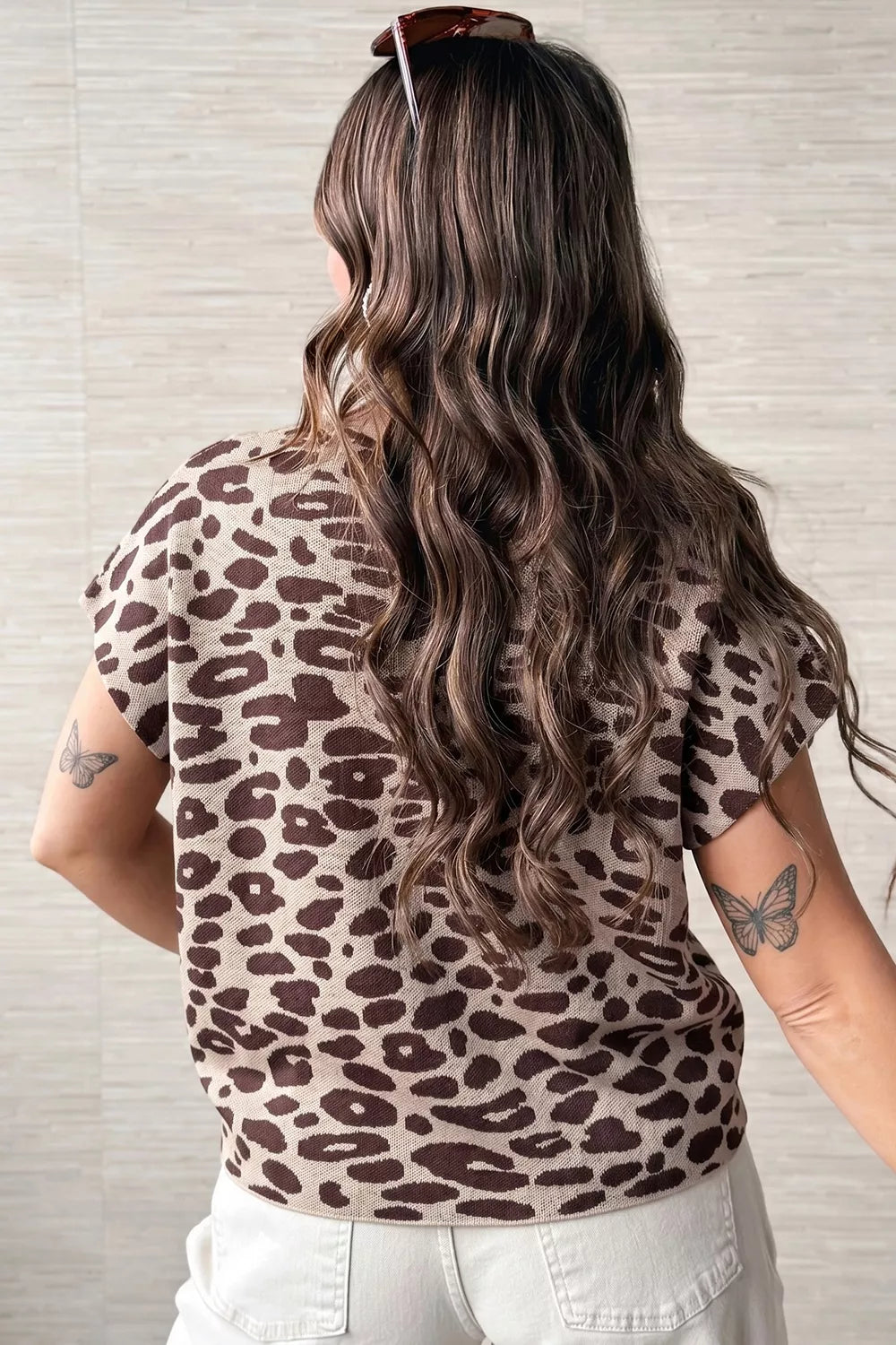 Leopard Print Short Sleeve Knit Loose Pullover Sweater