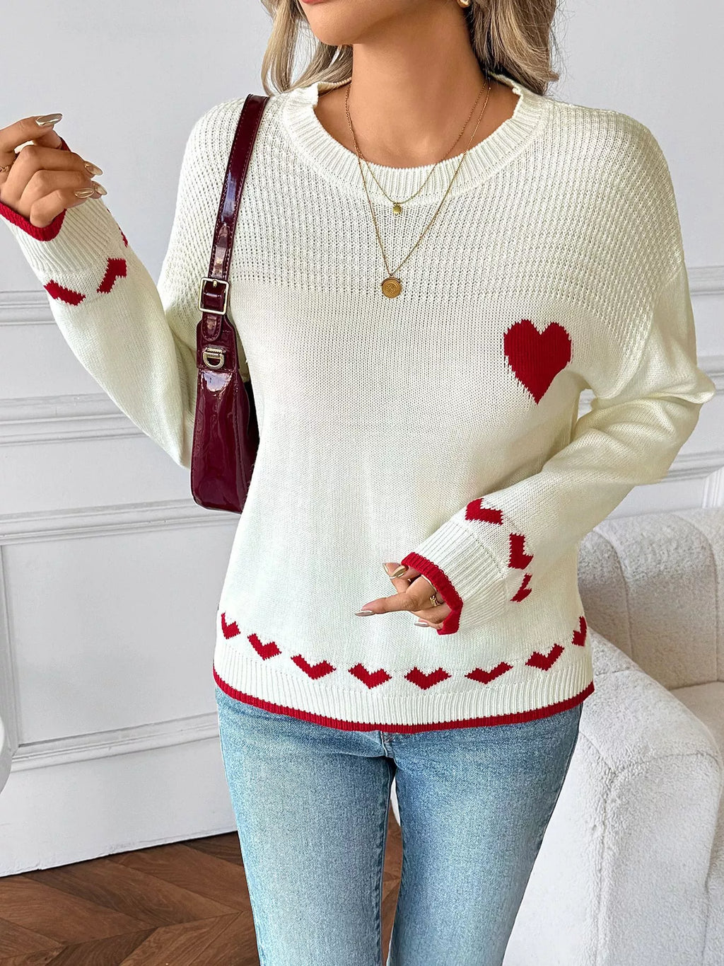 Heart Pattern Dropped Shoulder Sweater