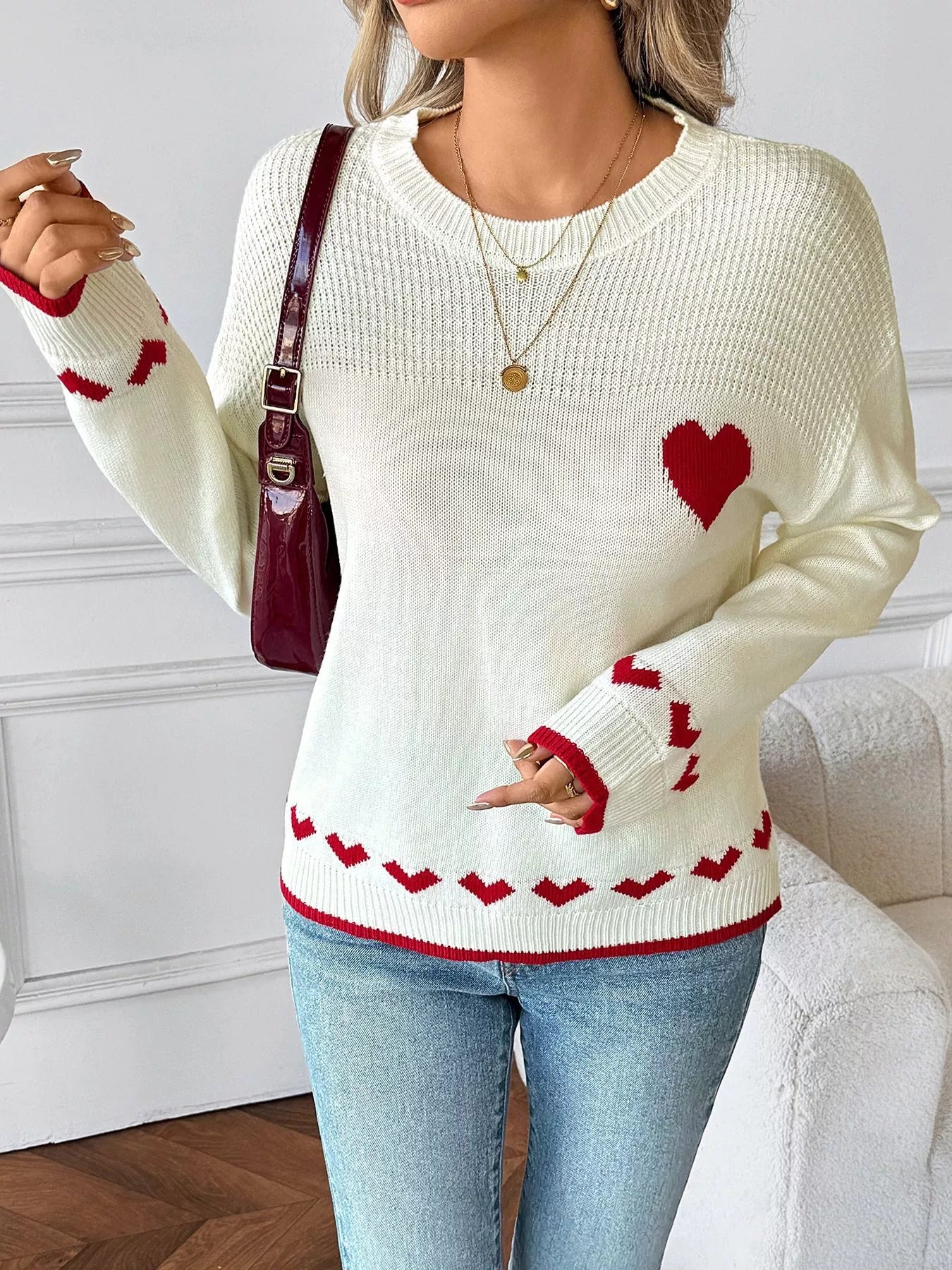 Heart Pattern Dropped Shoulder Sweater