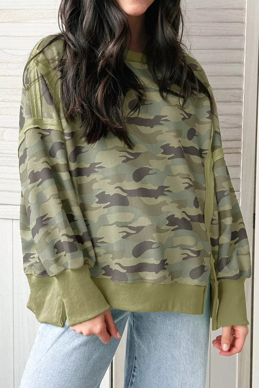 Camouflage Waffle Knit Raw Edge Contrast Trim Oversized Long Sleeve Top