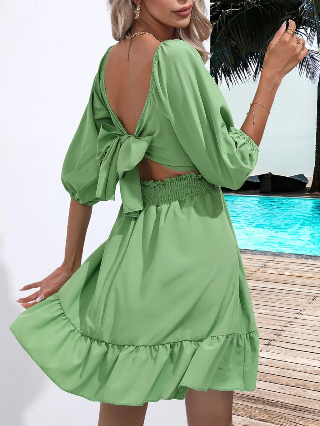 Tie Back Ruffled Hem Square Neck Dress