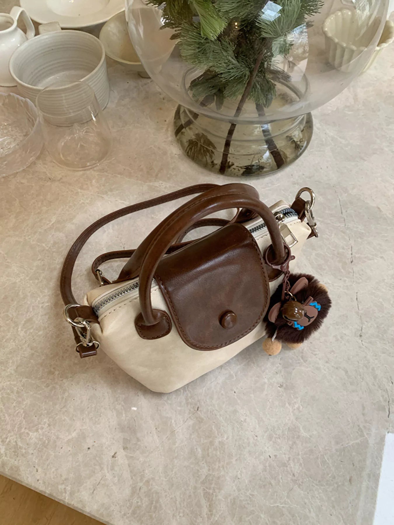 Two-Tone Flap Decor Crossbody Bag with Charm