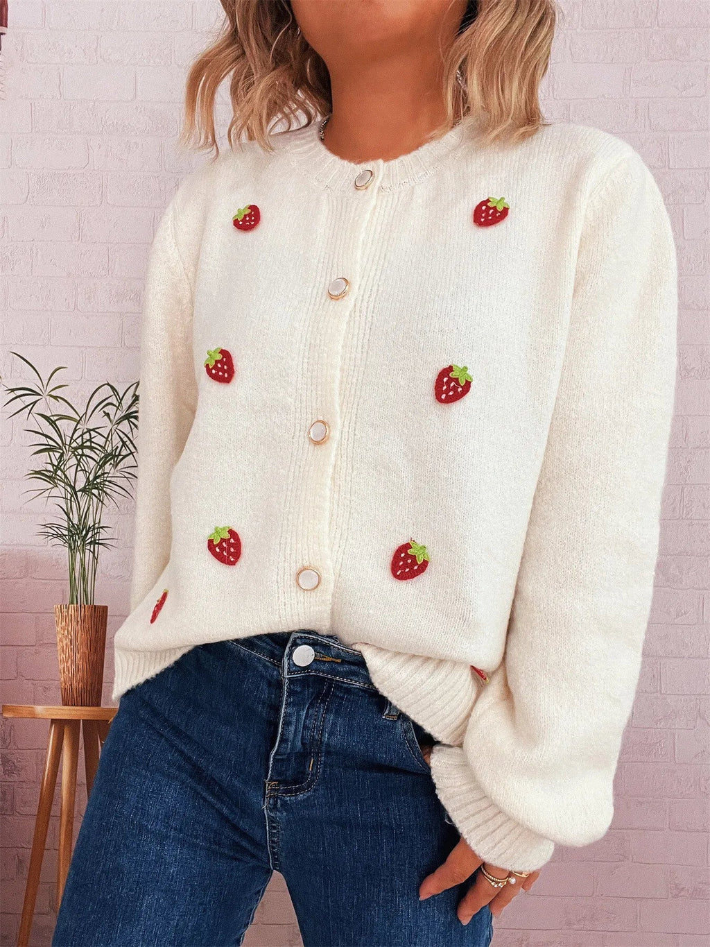 Strawberry Button Up Long Sleeve Cardigan