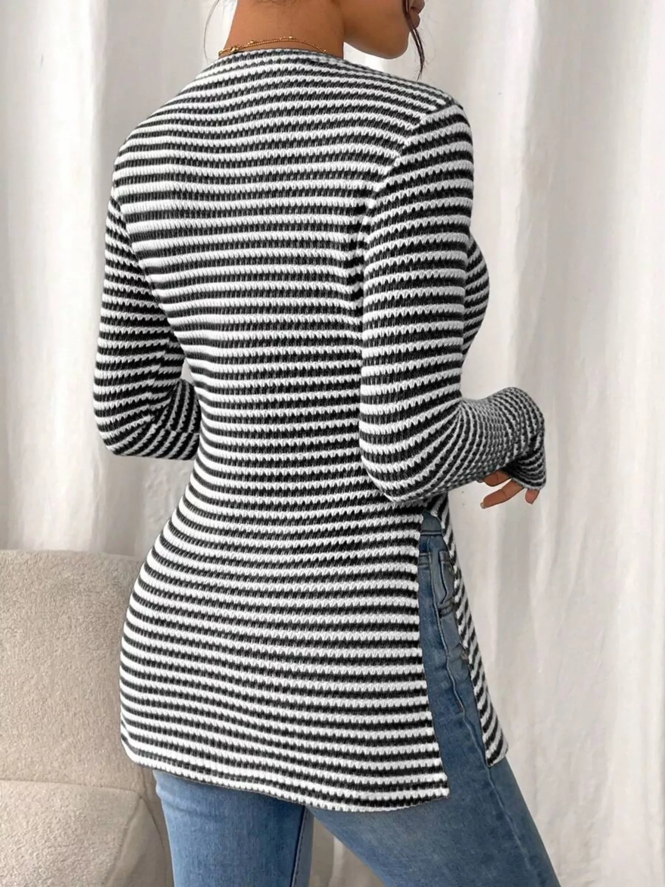 Slit Striped Long Sleeve Casual T-Shirt